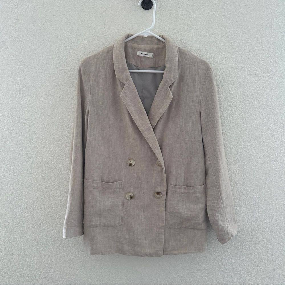 MOD REF Blazer Womens Small Tan 100% Linen Double Breasted Relaxed Fit Pocket